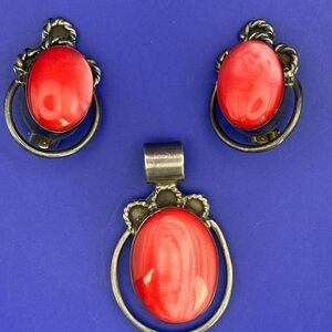 VTG Sterling Silver 925 Taxco Mexico Pendant & Clip-On Earrings Pink Cabochon